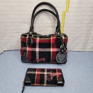 Juicy Couture Purse Handbag W/ Matching Wallet! Red Plaid Y2K Velour Boston Vtg